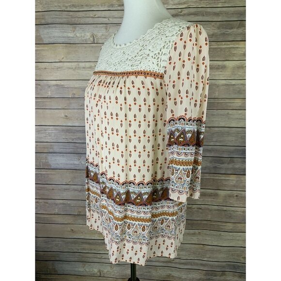 Umgee Small Peasant Top Lace Crocheted Neckline Boho 3/4 Sleeve Prairie Hippie - Picture 4 of 10